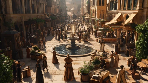 Bustling Town Square with Central Fountain