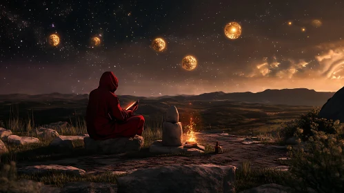 Red Robe Figure Meditating by Bonfire