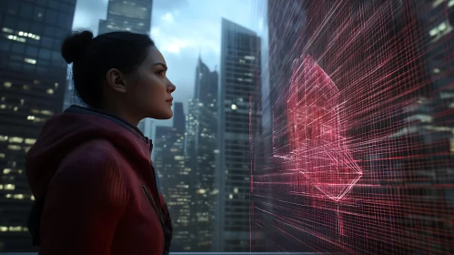 Future Vision: Woman Contemplates City Data