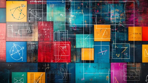 Colorful Squares Grid with Technical Sketches