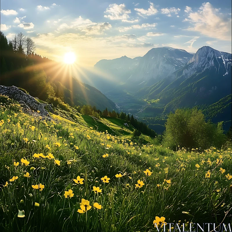 Sunny Mountain Landscape with Wildflowers