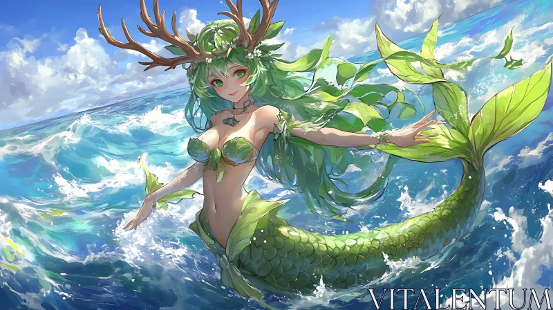 Mythical Mermaid with Antlers in Aqua