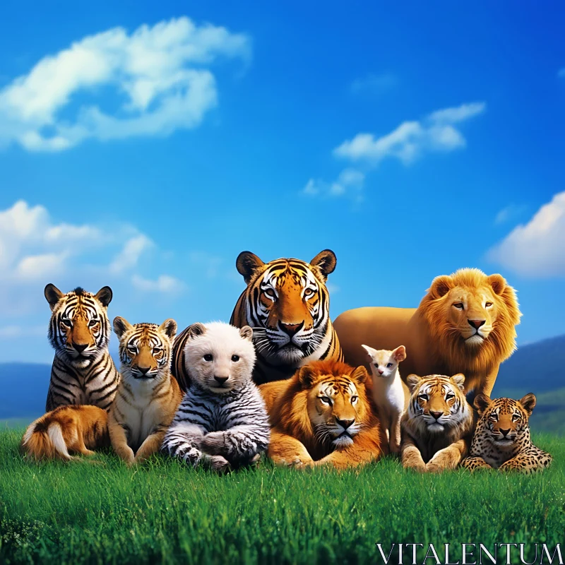 Diverse Feline Family Portrait Under Blue Sky