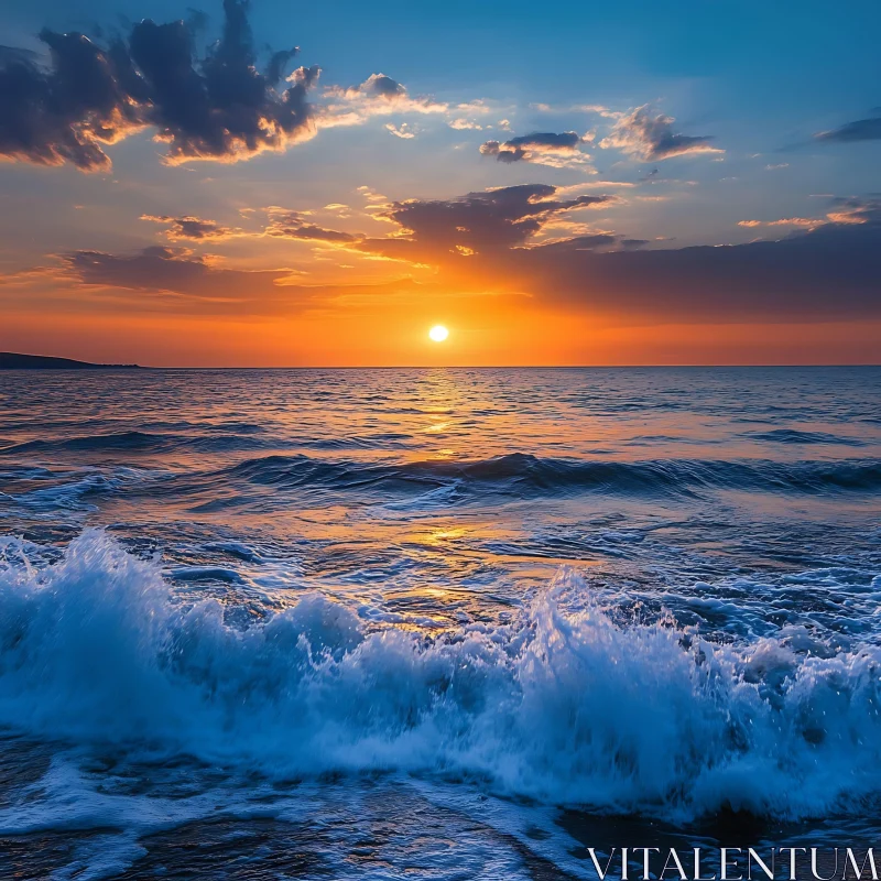 Sunset Over the Ocean Waves AI Image