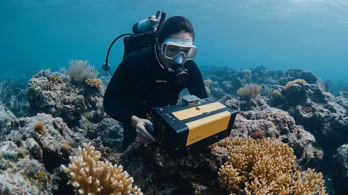 Diver Exploring Coral Reef with Camera