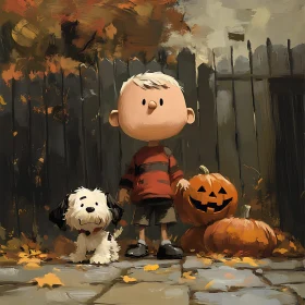 Animated Scene of Boy, Dog, and Jack-o'-Lanterns