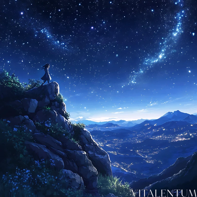 Starlit Mountain View with City Lights