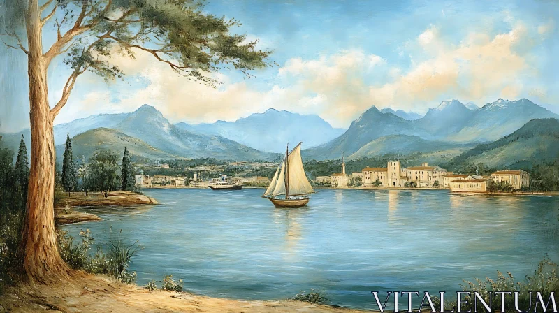 Sailboat on Lake with Mountain Backdrop