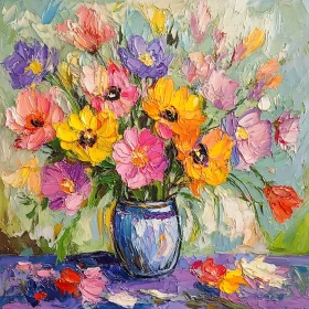 Vibrant Flowers in Vase Oil Painting