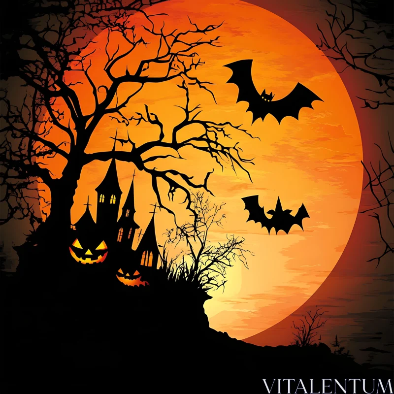 Spooky Halloween Scene with Bats and Pumpkins