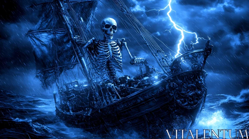 Ghost Ship Sailing Through Lightning Storm
