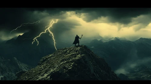 Silhouette on Peak During Lightning Storm