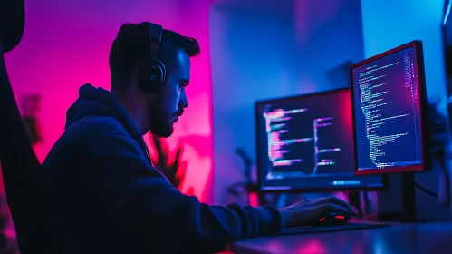 Man Coding in Neon Light