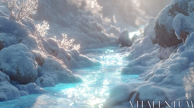 Snowy Landscape with Sunlit Icy Stream AI Image