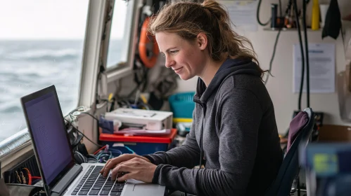 Focused Woman Typing on Laptop in Boat