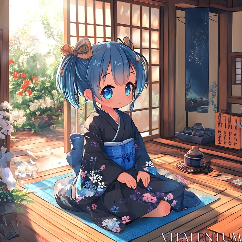 Blue-Haired Anime Girl in Japanese Setting