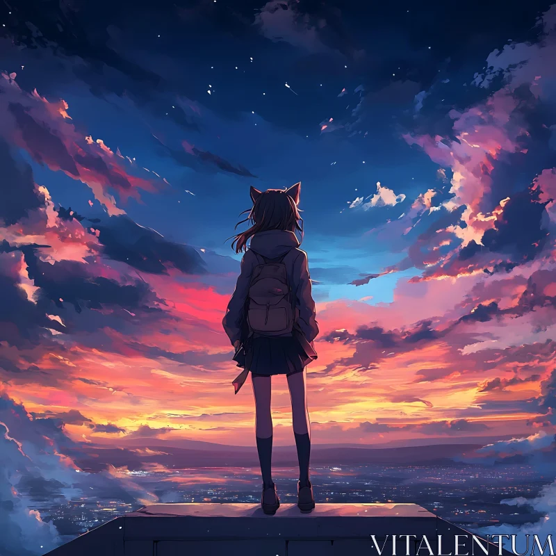 Anime Girl at Sunset Skyline