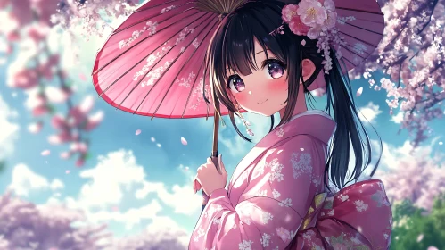 Anime Character with Parasol in Cherry Blossom Setting
