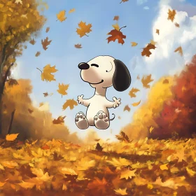 Happy Cartoon Dog in Fall Leaves