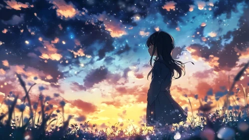 Dreamy Anime Sunset with Girl's Silhouette