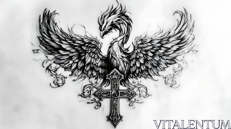 Monochrome Phoenix Tattoo with Cross