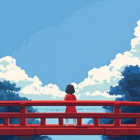 Serene Anime Scene of a Girl on a Red Bridge