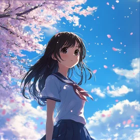 Serene Moment: Anime Girl Amid Sakura Bloom