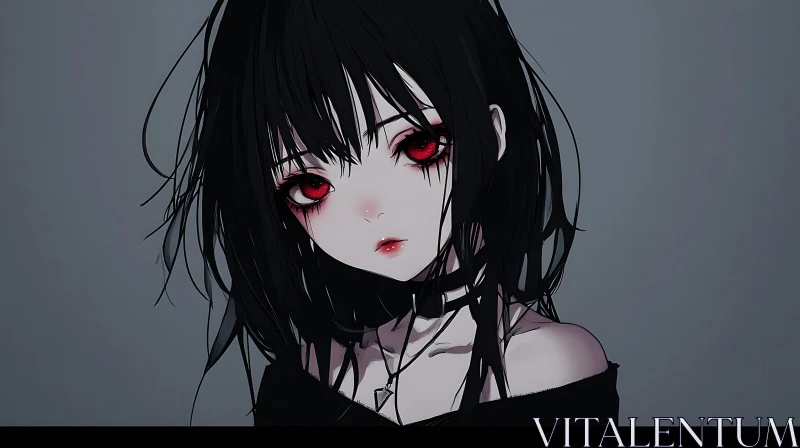 Somber Anime Girl with Red Eyes and Black Hair AI Image