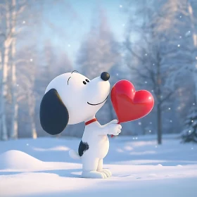 Animated Dog with Heart Balloon in Snowy Forest