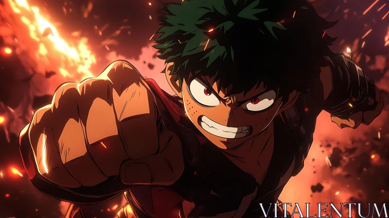Heroic Anime Character Amidst Fiery Chaos