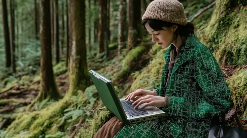 Forest Workspace: Woman and Laptop