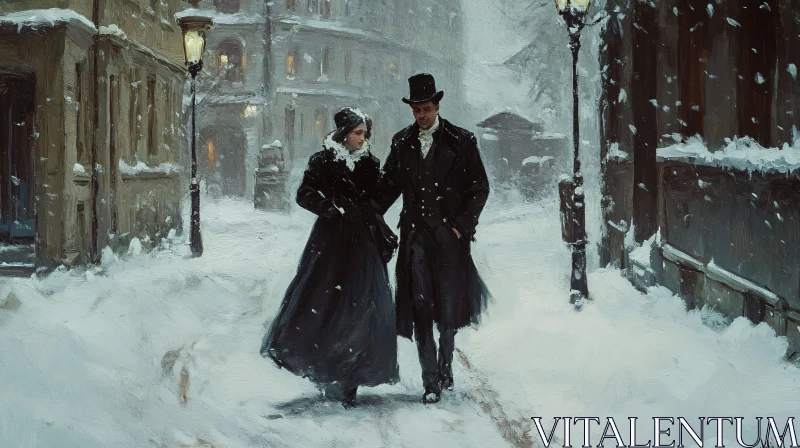Snowy City Walk: A Couple's Winter Journey AI Image