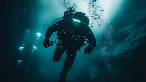 Underwater Scene with Diver and Jellyfish