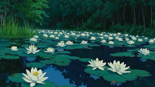 Tranquil Lake Scene with Floating Water Lilies
