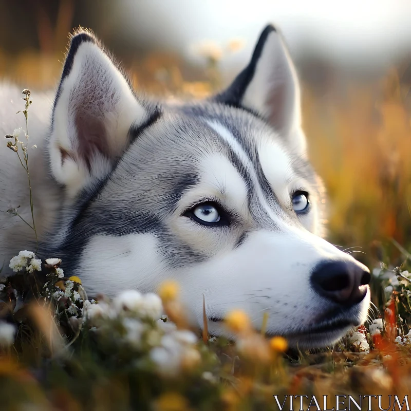 Husky Dog Relaxing in Flower Field