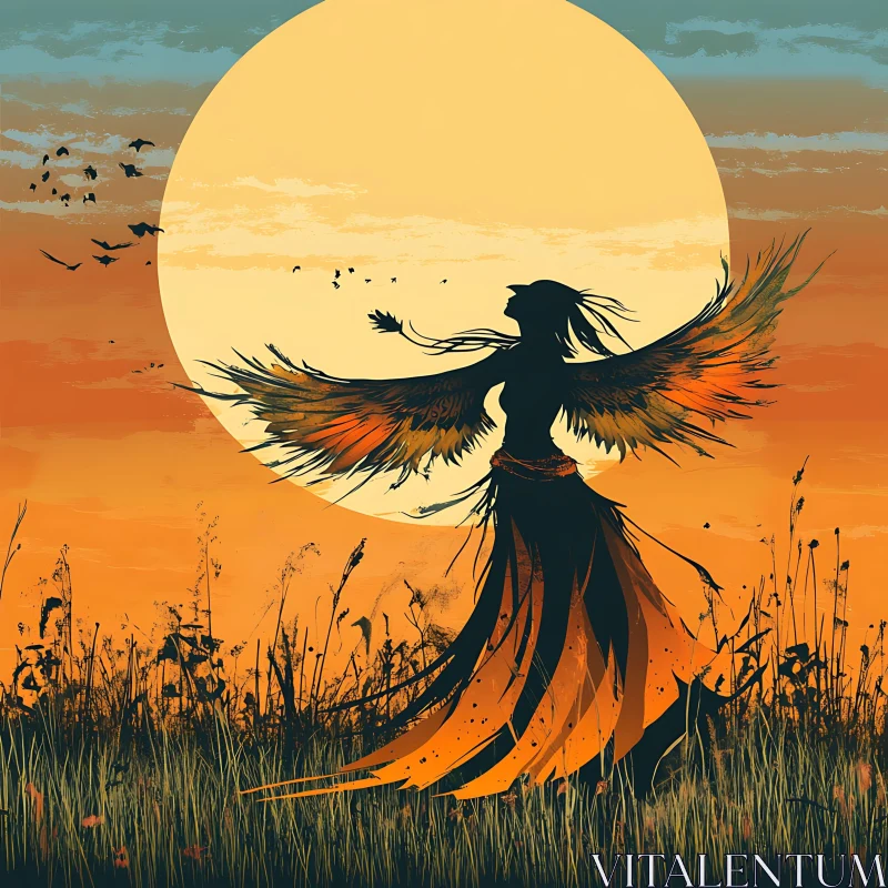 Sunset Silhouette with Winged Figure