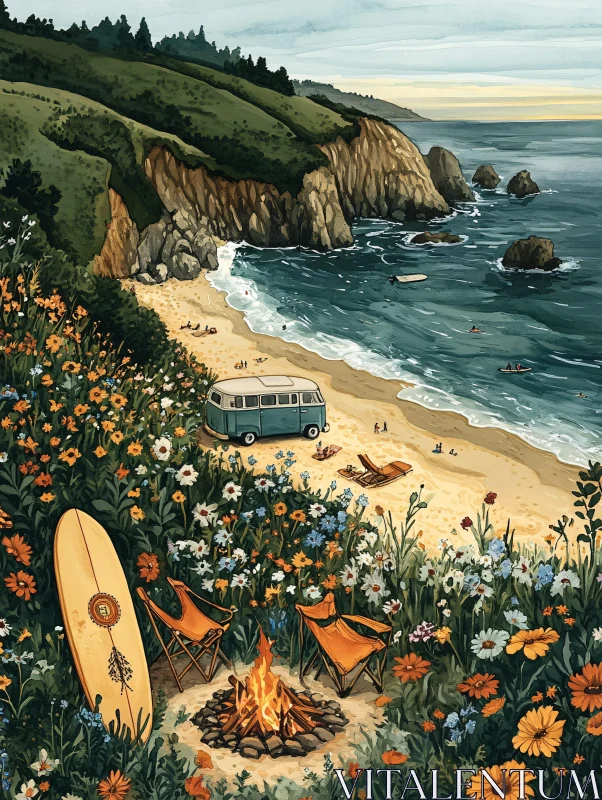 Coastal Beach Scene with Bonfire