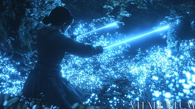 Mystical Woman in Blue Light Forest