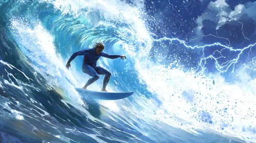 Ocean Wave Surfing with Lightning Strike