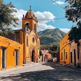 Charming orange buildings on a sunlit street