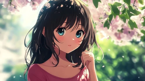 Thoughtful Anime Girl Under Blooming Cherry Blossoms