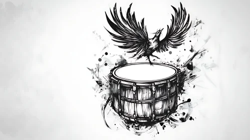 Monochrome Bird and Drum Illustration