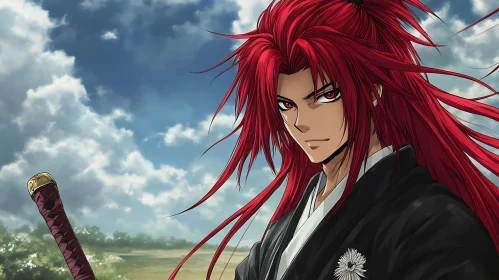 Anime Samurai with Red Hair and Sword