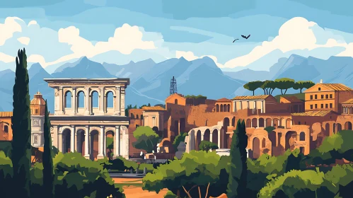 Scenic Roman Ruins Under Blue Sky