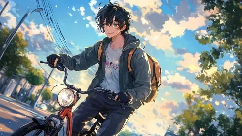 Young Boy on Bicycle During Golden Hour in Anime Style