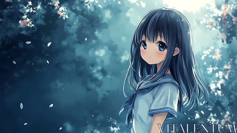 Tranquil Anime Girl amidst Blossoms AI Image