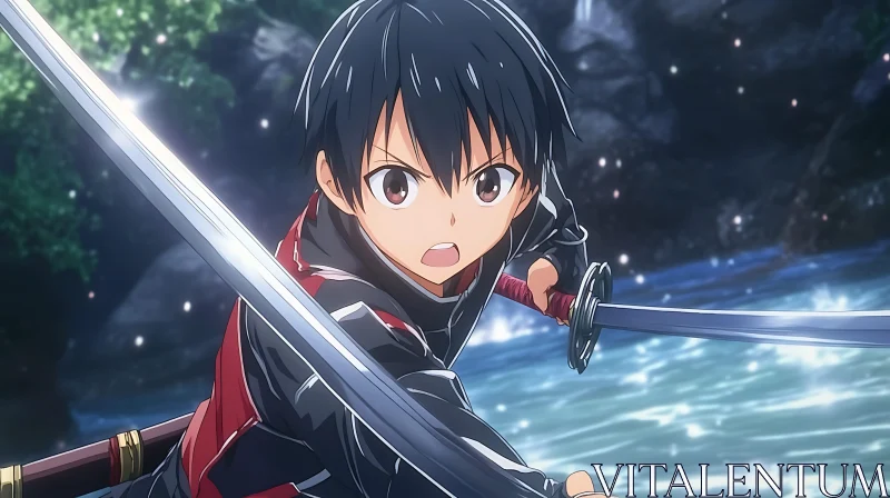 Anime Warrior Wielding Swords in Forest
