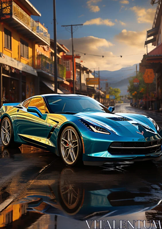 Blue Sports Car Reflecting on Wet Street at Sunset