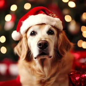 Festive Golden Retriever with Christmas Lights