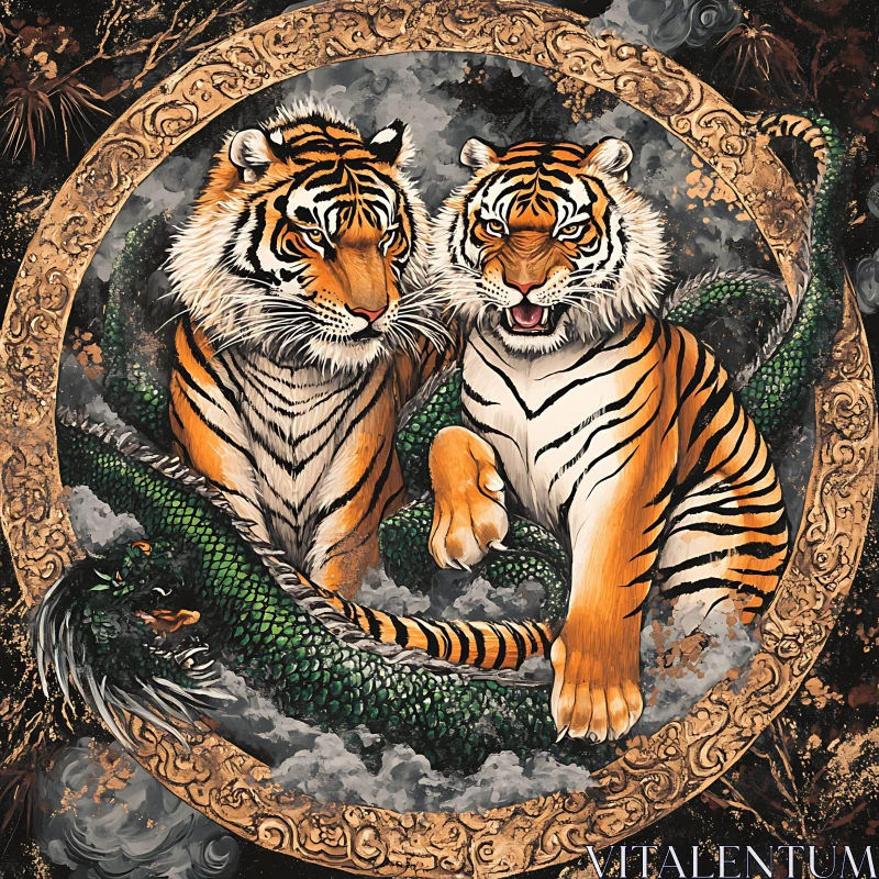 Twin Tigers with Dragon Art